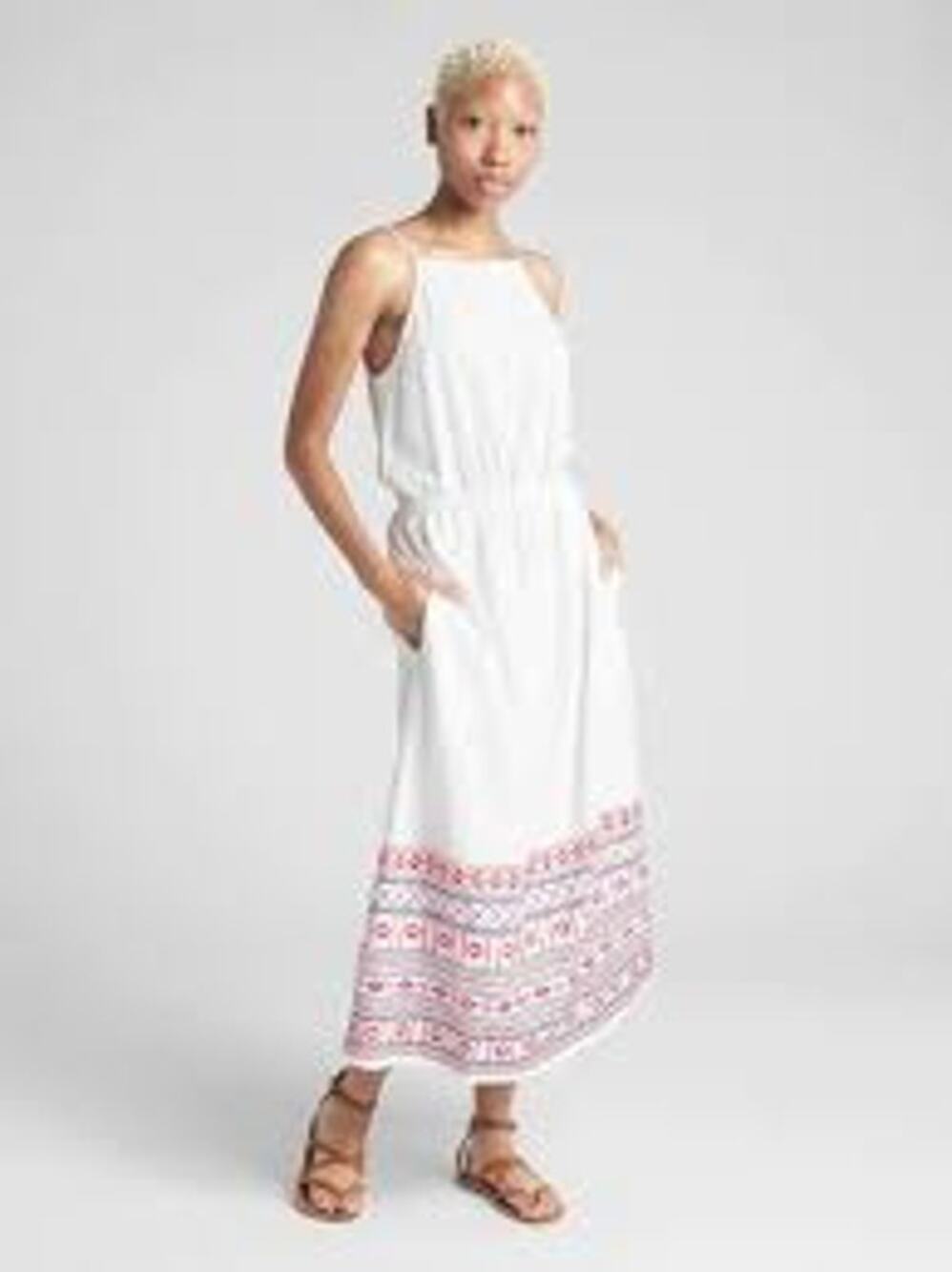 Gap Embroidered Midi Cami Dress Womens Medium White Sleeveless Boho Festival